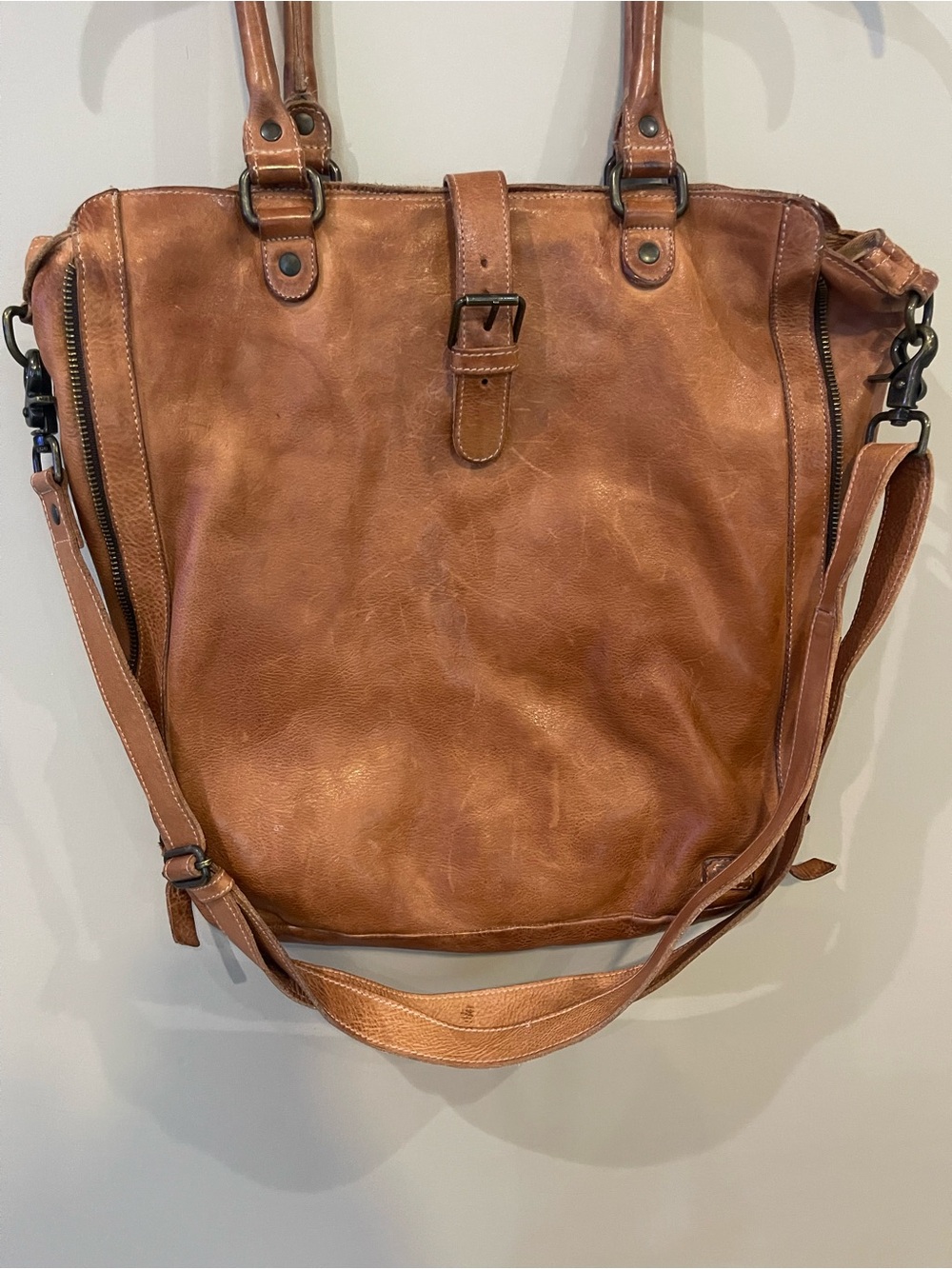 Bed Stu Mildred Distressed Cognac Brown Leather Shoulder Tote or Crossbody. - Picture 5 of 7